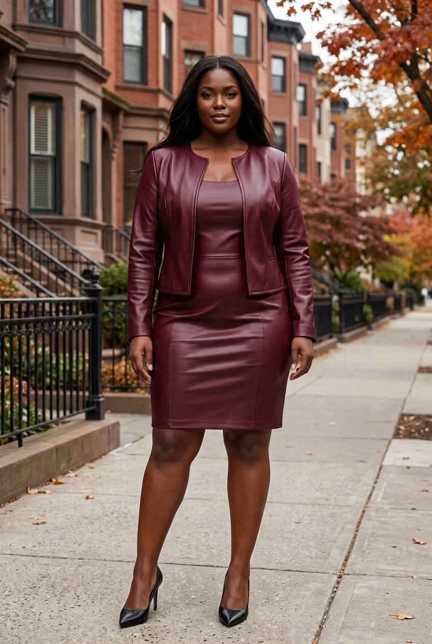 Open Front Leather Jacket & Dress Set