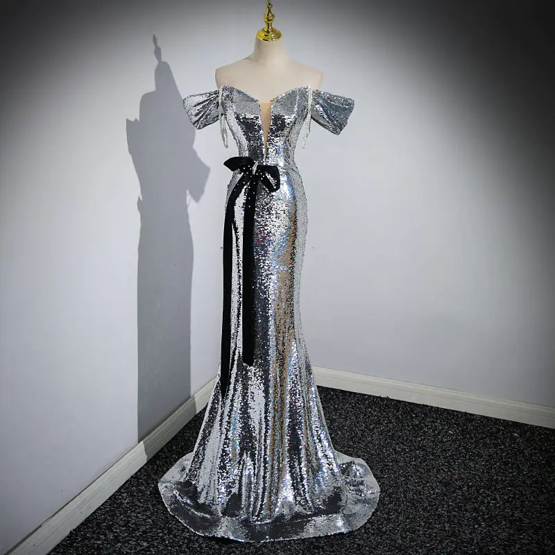 Off-Shoulder Silver Paillette Evening Dress for Women - URBANPICK FASHION