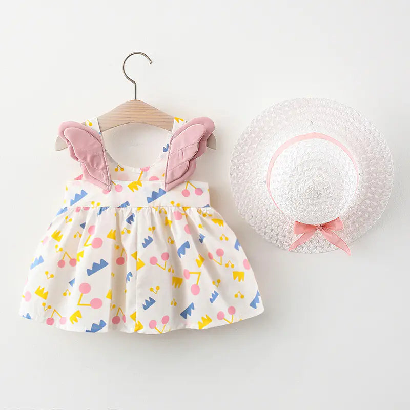 Summer Big Dot Wings Princess Dress with Hat - URBANPICK FASHION