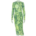 Printed Socialite Women Clothes Waist Vintage Sheath Dress Turtleneck Long Sleeved Green Autumn Winter Dress - URBANPICK FASHION