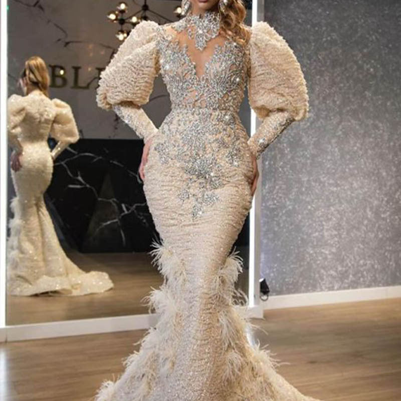Dress V neck Feather Princess Dress Gold Long Mesh Evening Dress - URBANPICK FASHION