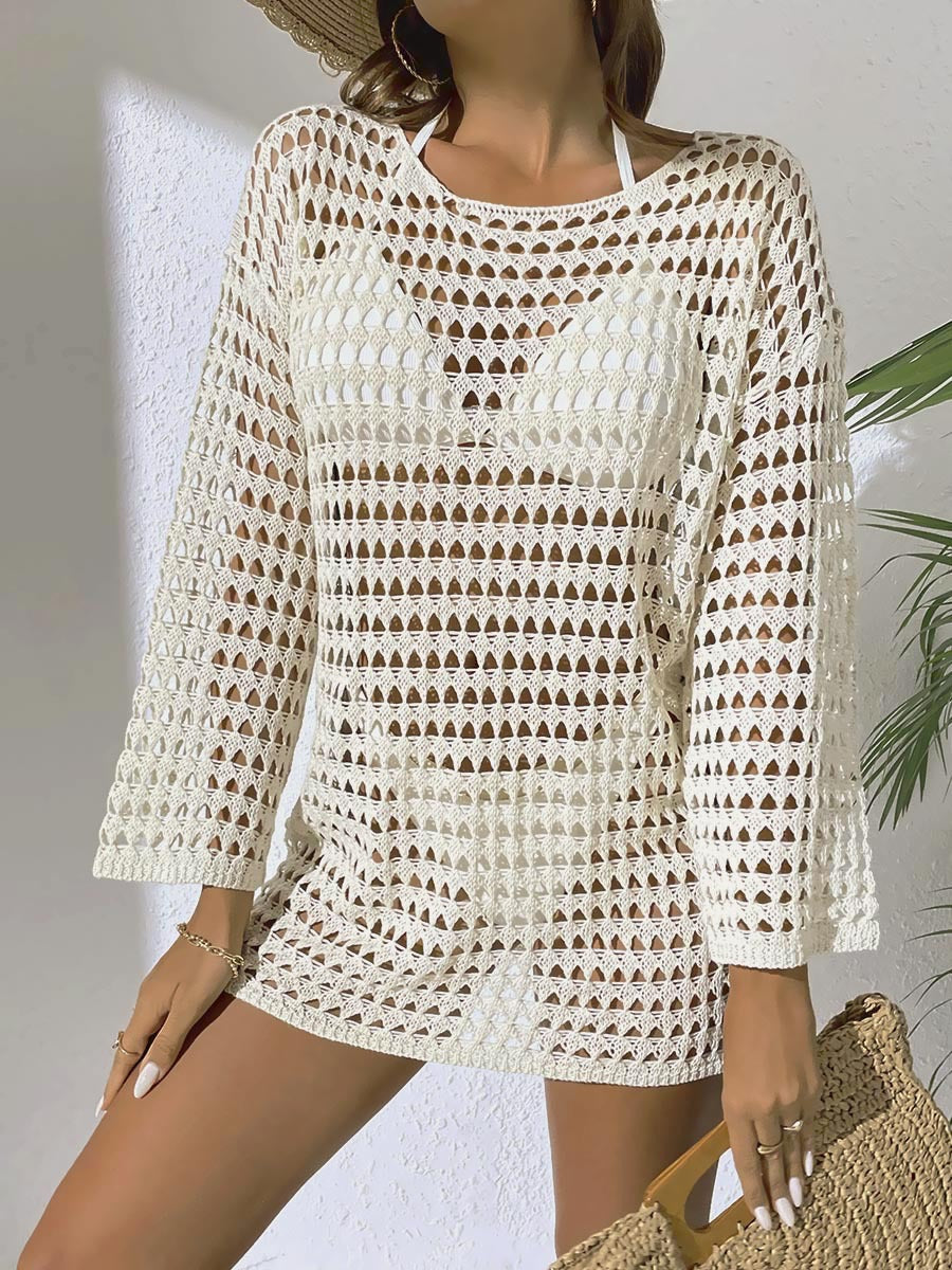 Summer Women Sexy Knitted Hollow Out Cutout out Pullover round Neck Long Sleeves Bikini Swimsuit Blouse - URBANPICK FASHION