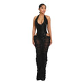 Sexy Elegant Fashionable High Slit Mesh Stitching Ruffle Sequin Halter Neck Gown - URBANPICK FASHION