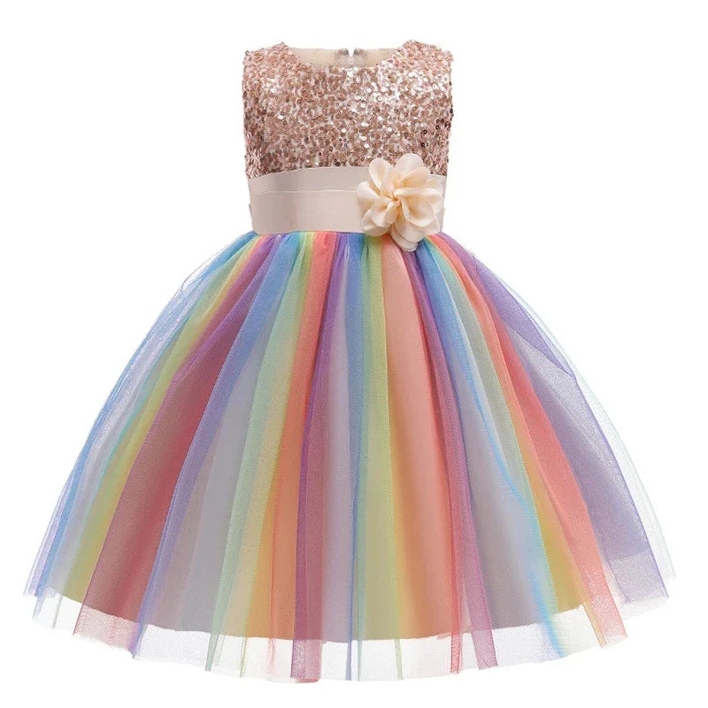 Sequins Girls Dress Summer Flower Fashion Rainbow Mesh Little Princess Dresses - URBANPICK FASHION