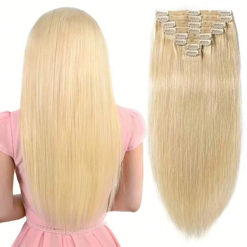 Blonde #613 Clip-In Human Hair Extensions (8 pcs, Double Weft)