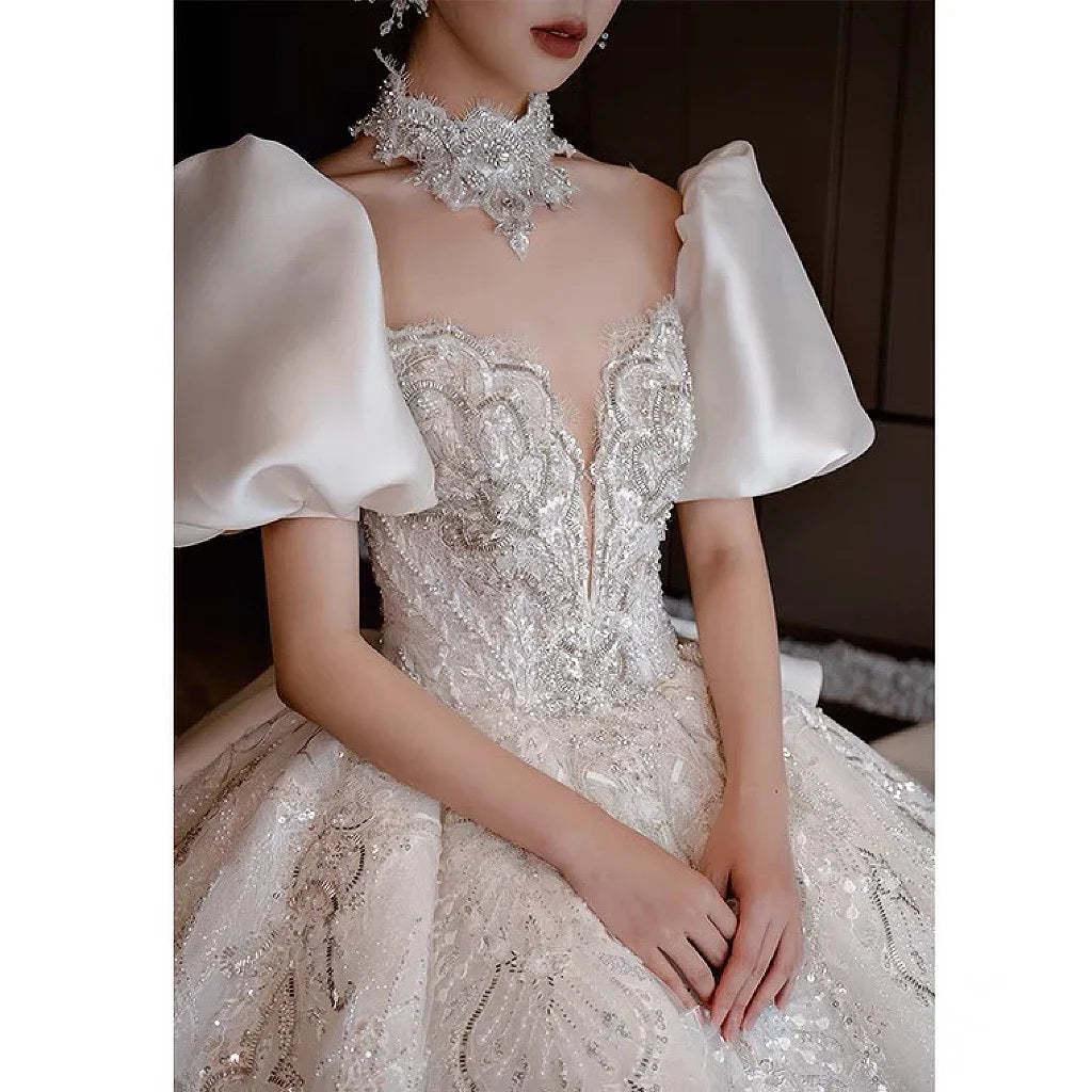 Glitter Satin Wedding Dress With High Neck EDL54 - URBANPICK FASHION
