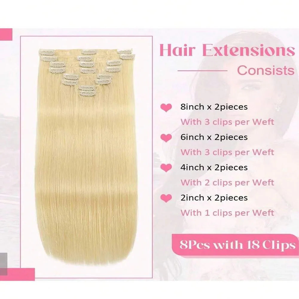 Blonde #613 Clip-In Human Hair Extensions (8 pcs, Double Weft)