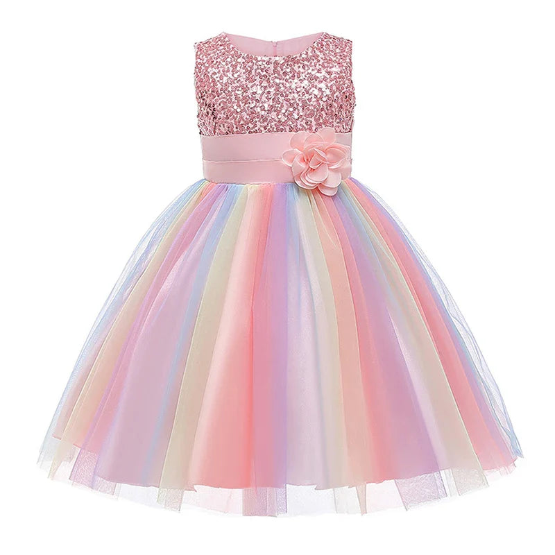 Sequins Girls Dress Summer Flower Fashion Rainbow Mesh Little Princess Dresses - URBANPICK FASHION