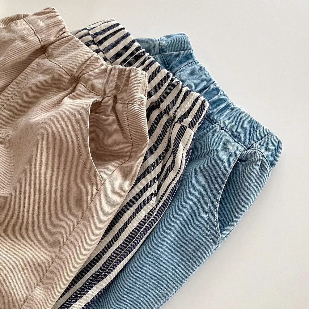 Kids Tapped Casual Striped Pants 0-5T Girls Boys Fashion Stripe Trousers Children Solid Denim Jeans Britches - URBANPICK FASHION
