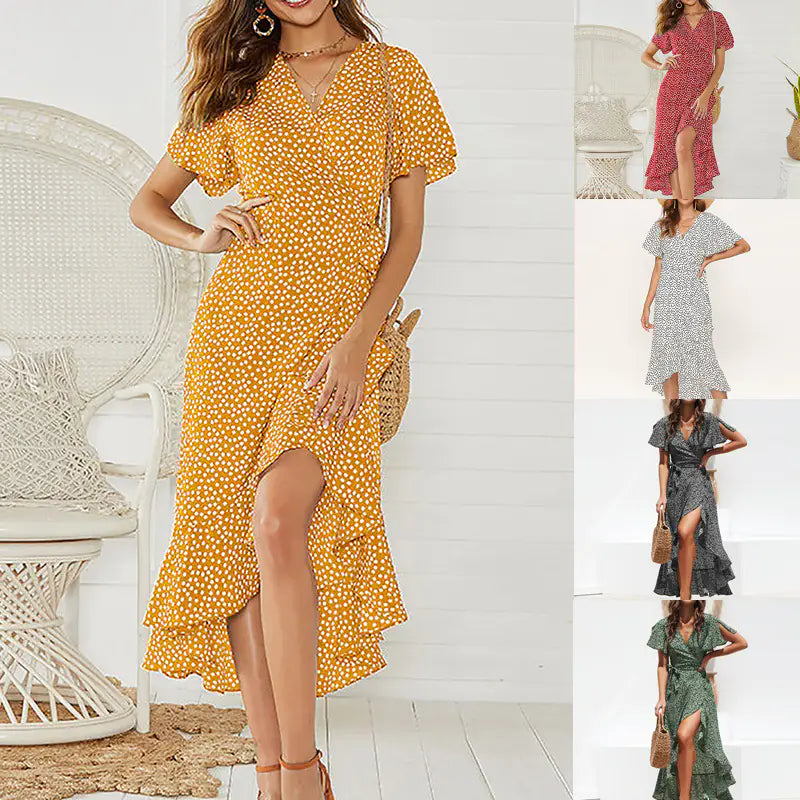 Summer Floral High-Waist V-Neck Chiffon Dress - URBANPICK FASHION