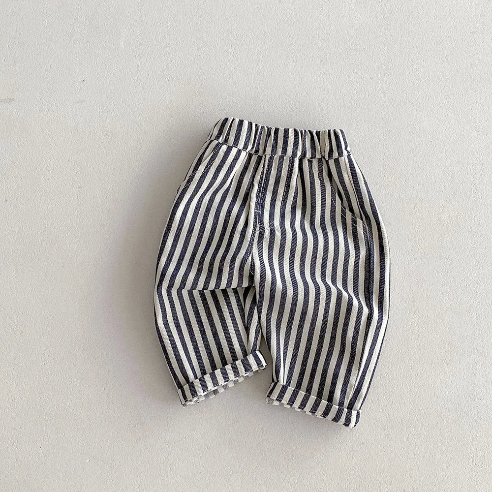 Kids Tapped Casual Striped Pants 0-5T Girls Boys Fashion Stripe Trousers Children Solid Denim Jeans Britches - URBANPICK FASHION