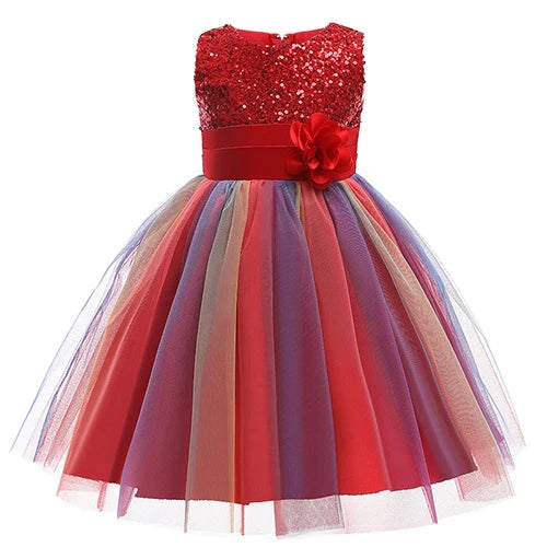 Sequins Girls Dress Summer Flower Fashion Rainbow Mesh Little Princess Dresses - URBANPICK FASHION
