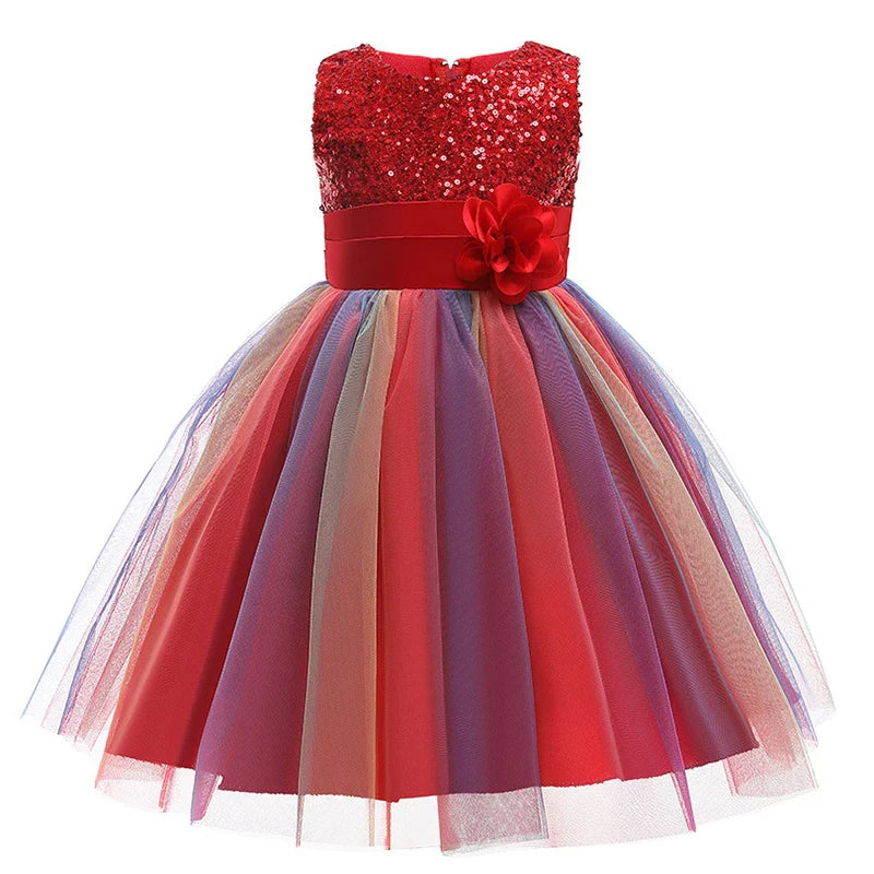Sequins Girls Dress Summer Flower Fashion Rainbow Mesh Little Princess Dresses - URBANPICK FASHION