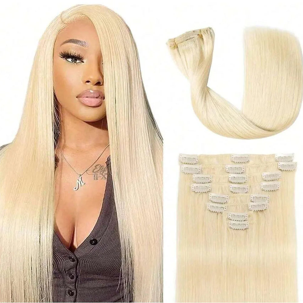 Blonde #613 Clip-In Human Hair Extensions (8 pcs, Double Weft)