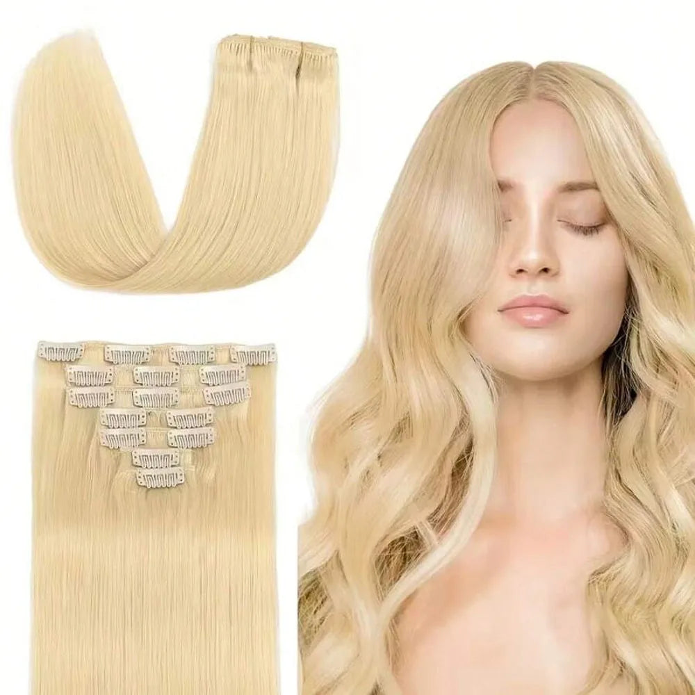 Blonde #613 Clip-In Human Hair Extensions (8 pcs, Double Weft)