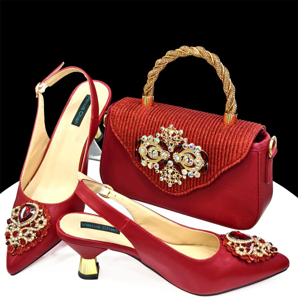 Women's Crystal Pointed High Heels Shoe Bag Set - URBANPICK FASHION