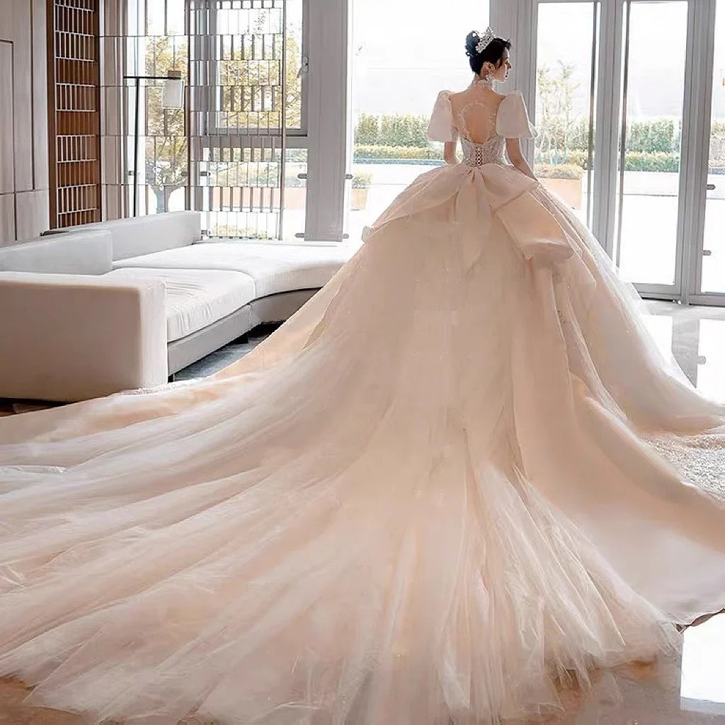 Glitter Satin Wedding Dress With High Neck EDL54 - URBANPICK FASHION