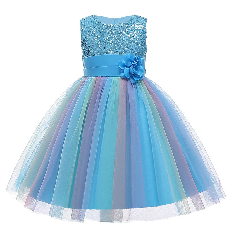 Sequins Girls Dress Summer Flower Fashion Rainbow Mesh Little Princess Dresses - URBANPICK FASHION