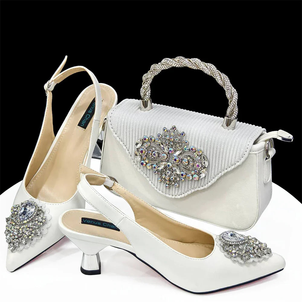 Women's Crystal Pointed High Heels Shoe Bag Set - URBANPICK FASHION