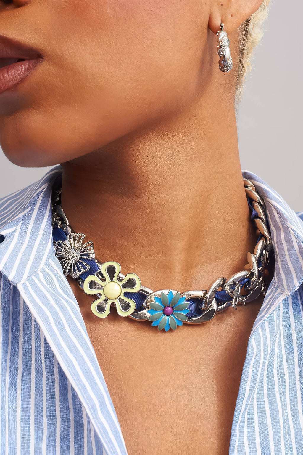Satin Floral Cuban Chain - Unisex Ribbon Necklace Statement Piece - URBANPICK FASHION