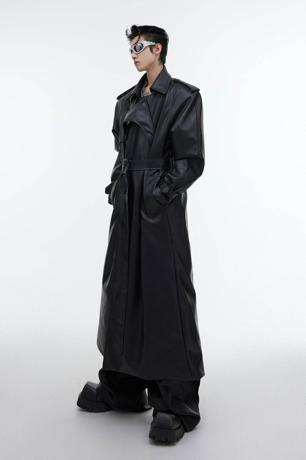Structured PU Leather Coat - Oversized Trench with Shoulder Pads - URBANPICK FASHION