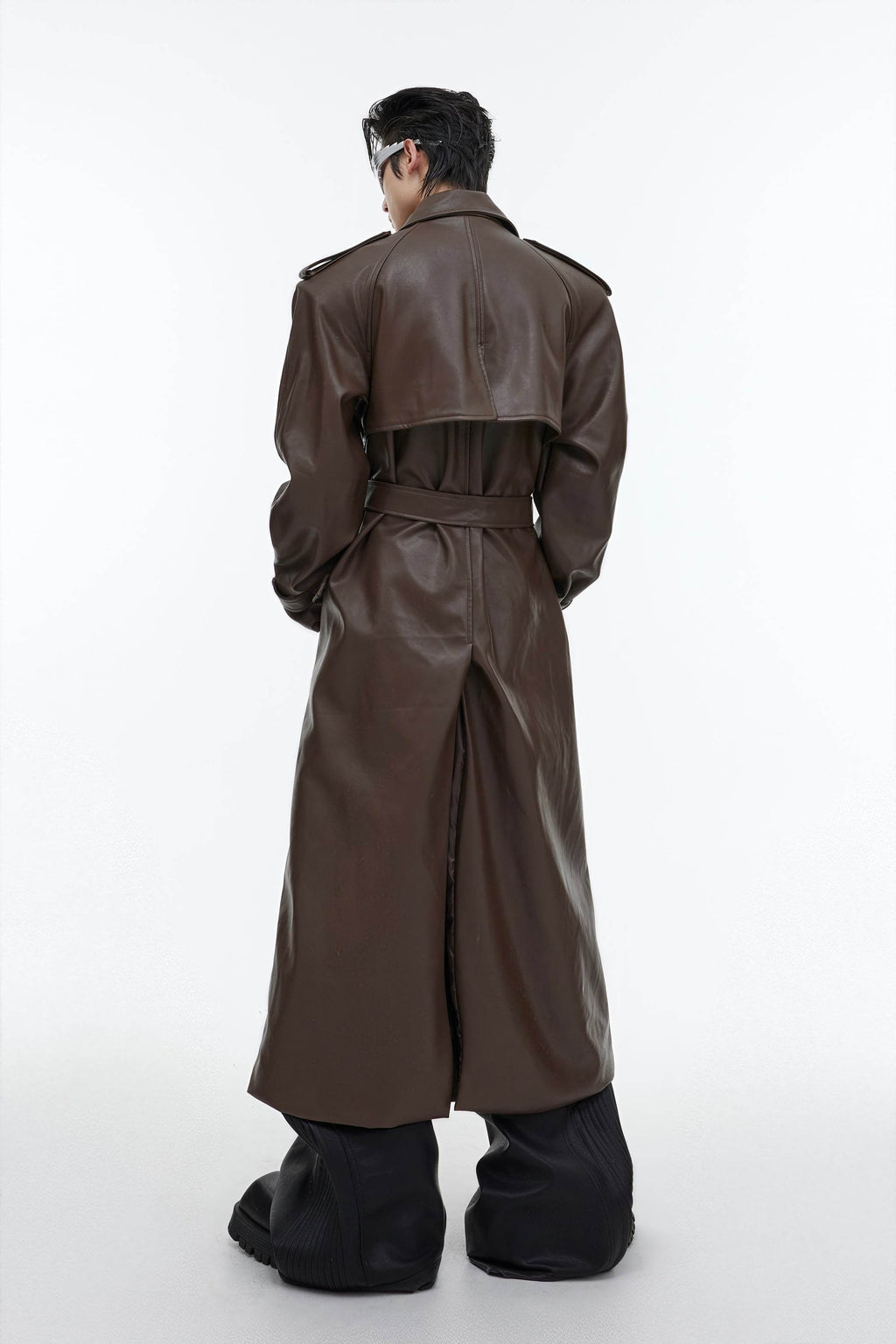 Structured PU Leather Coat - Oversized Trench with Shoulder Pads - URBANPICK FASHION