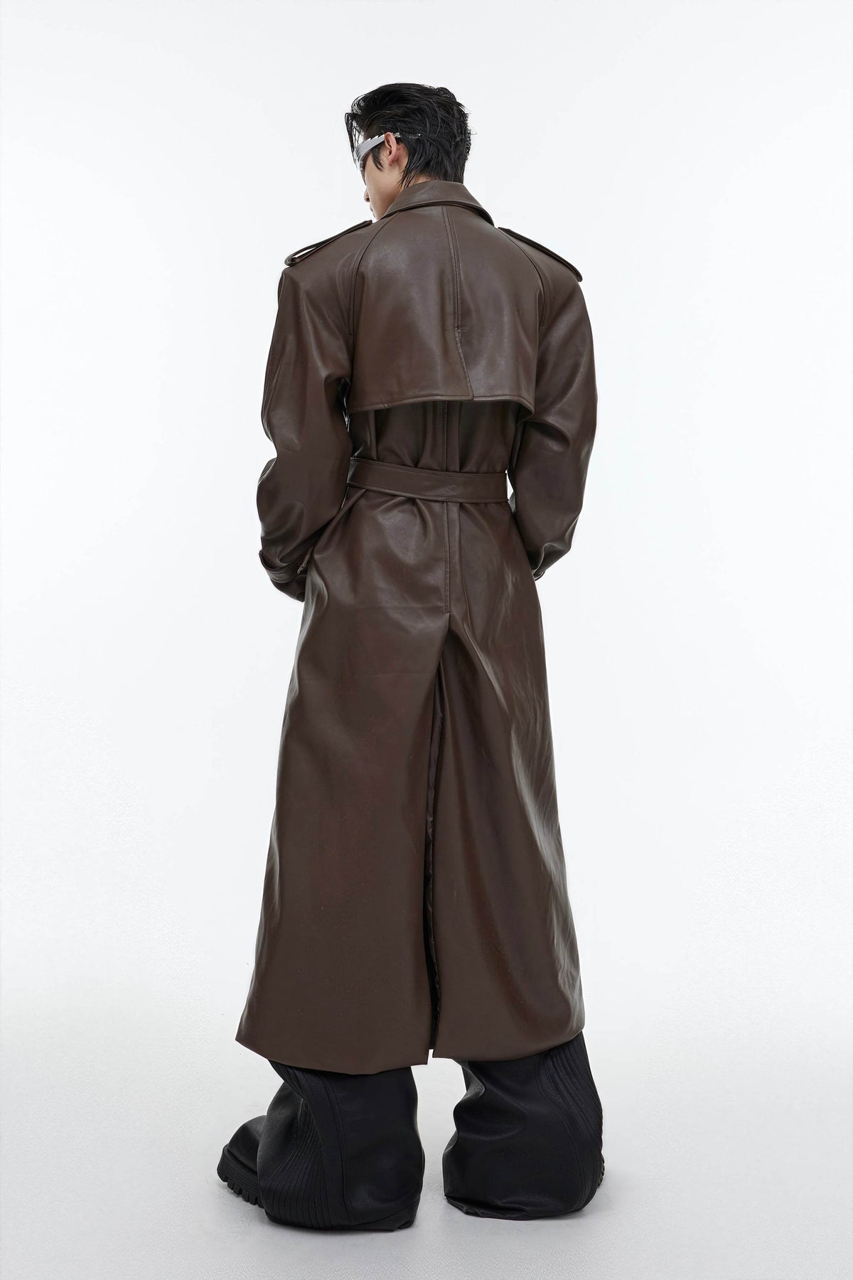 Structured PU Leather Coat - Oversized Trench with Shoulder Pads - URBANPICK FASHION