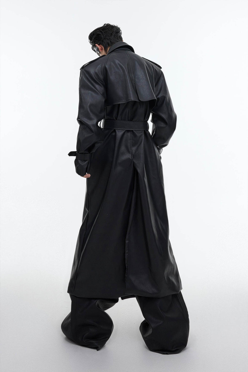 Structured PU Leather Coat - Oversized Trench with Shoulder Pads - URBANPICK FASHION