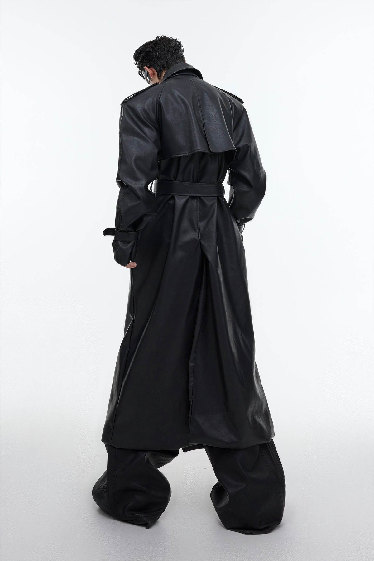 Structured PU Leather Coat - Oversized Trench with Shoulder Pads - URBANPICK FASHION
