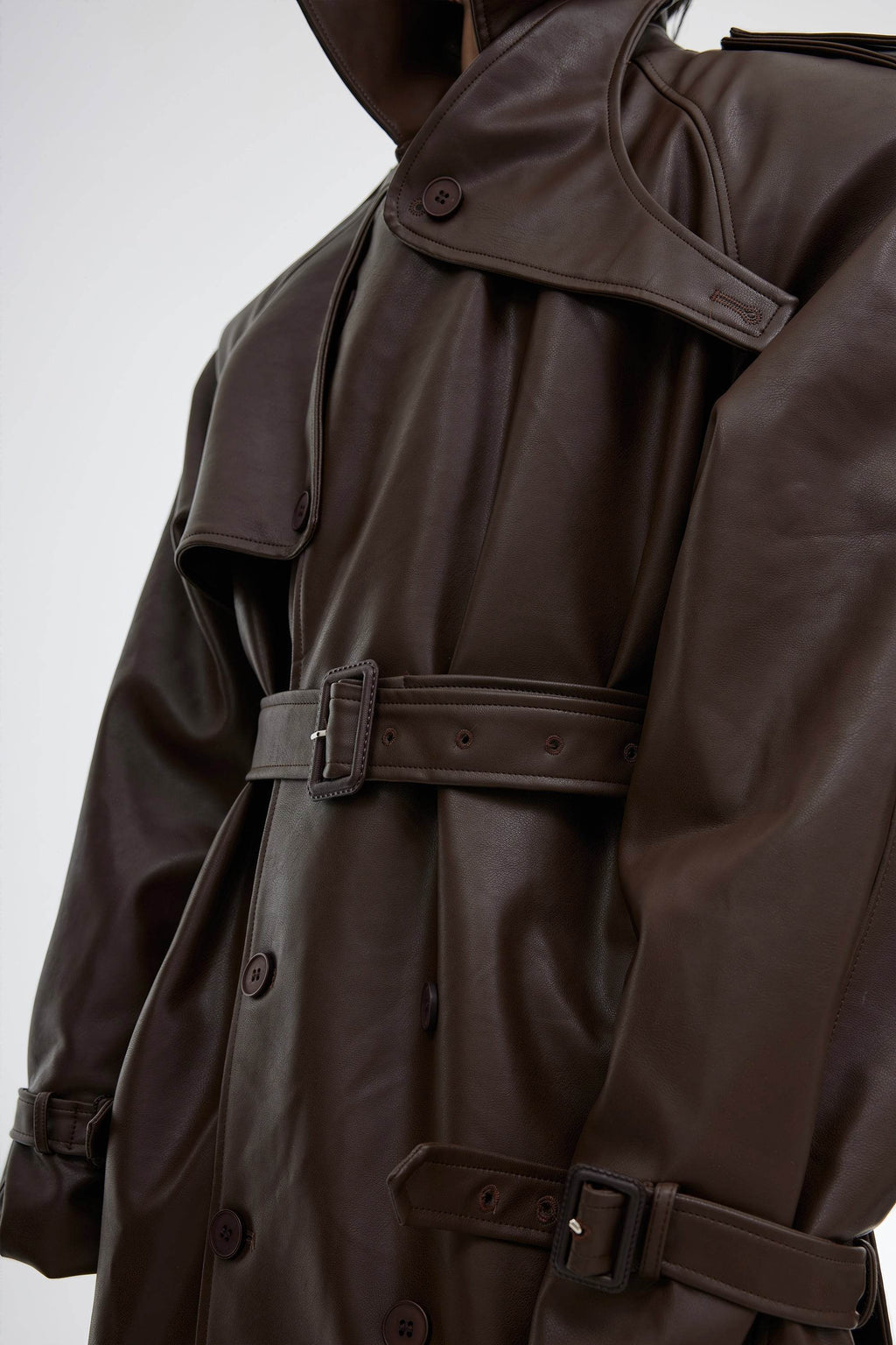 Structured PU Leather Coat - Oversized Trench with Shoulder Pads - URBANPICK FASHION