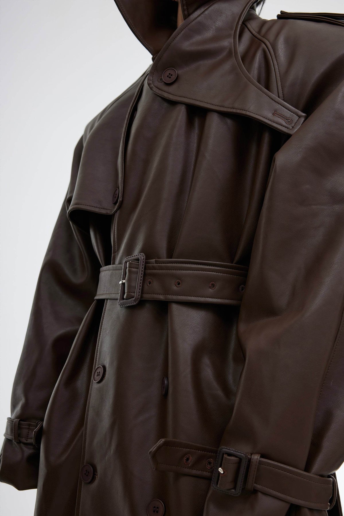 Structured PU Leather Coat - Oversized Trench with Shoulder Pads - URBANPICK FASHION