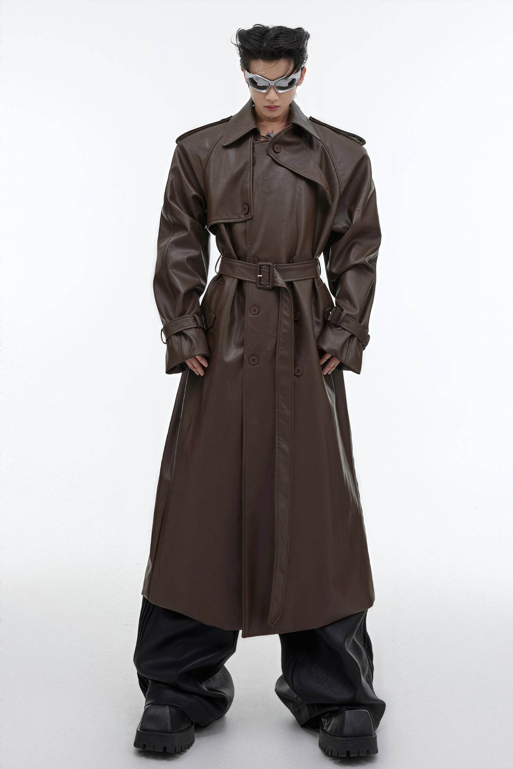 Structured PU Leather Coat - Oversized Trench with Shoulder Pads - URBANPICK FASHION
