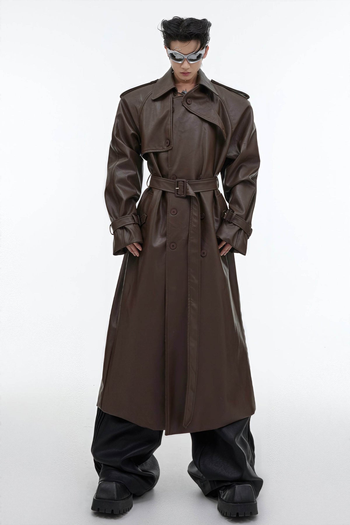 Structured PU Leather Coat - Oversized Trench with Shoulder Pads - URBANPICK FASHION