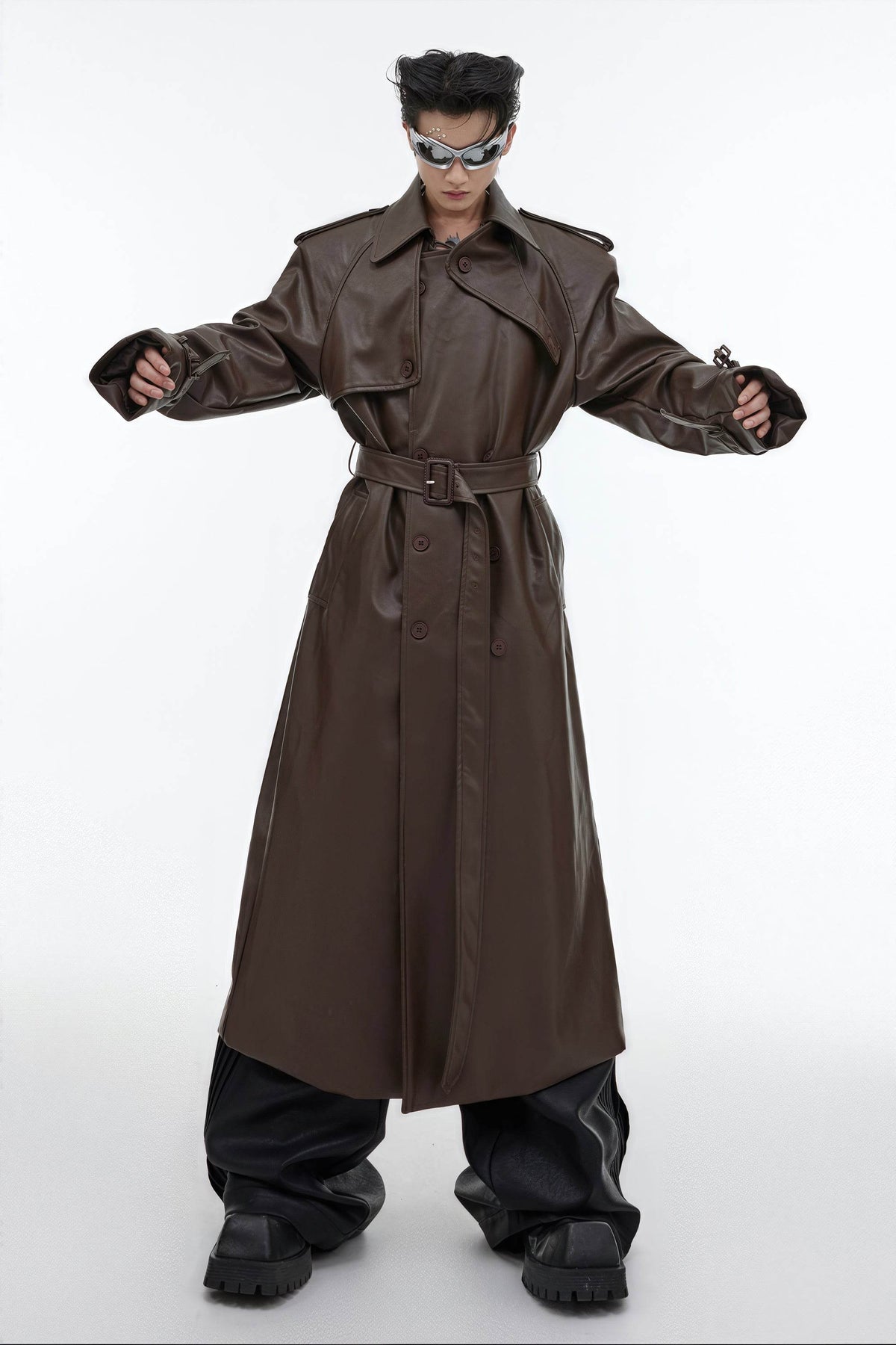 Structured PU Leather Coat - Oversized Trench with Shoulder Pads - URBANPICK FASHION