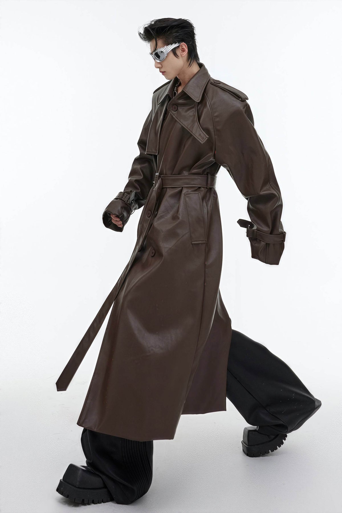 Structured PU Leather Coat - Oversized Trench with Shoulder Pads - URBANPICK FASHION