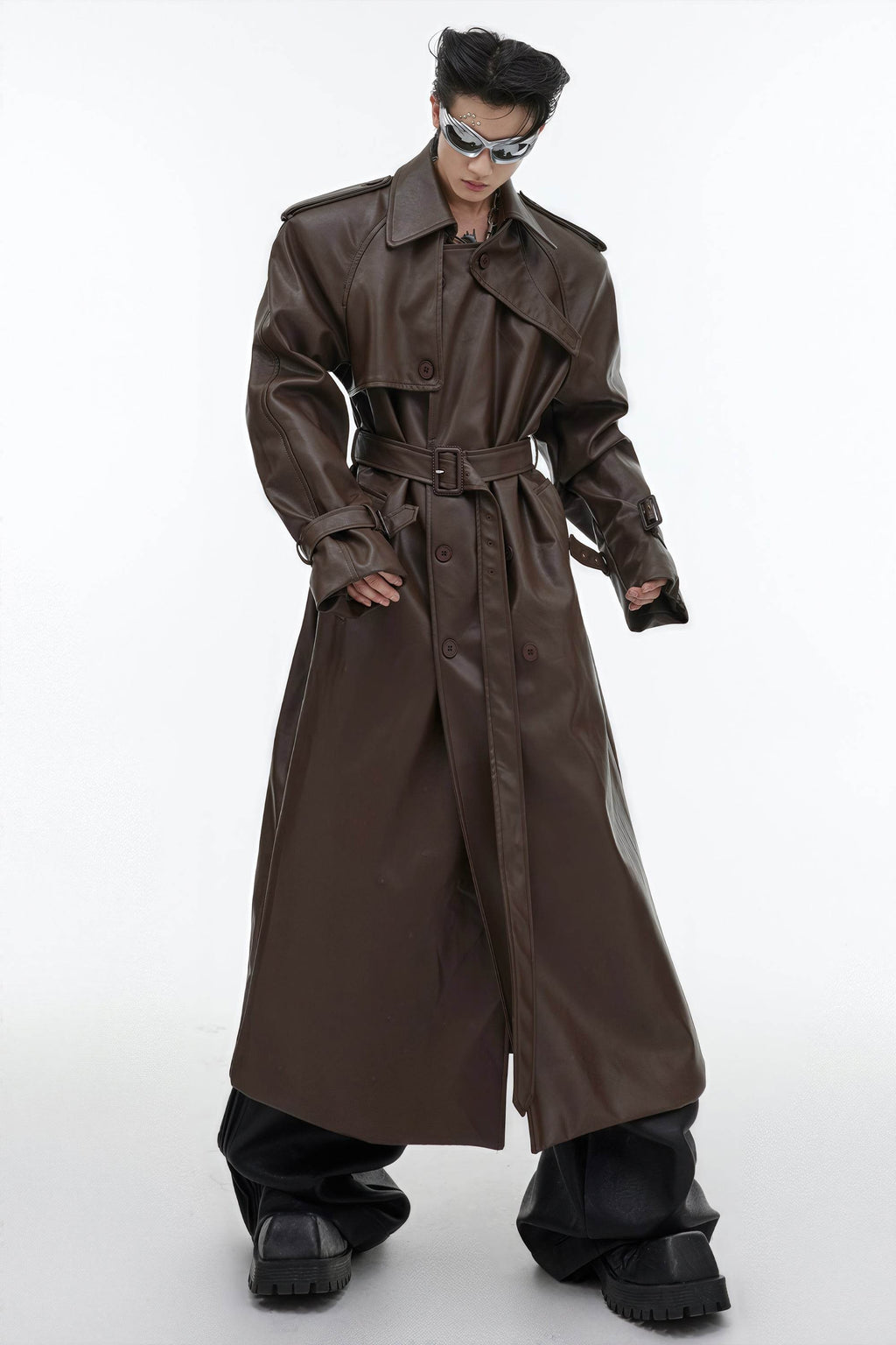 Structured PU Leather Coat - Oversized Trench with Shoulder Pads - URBANPICK FASHION
