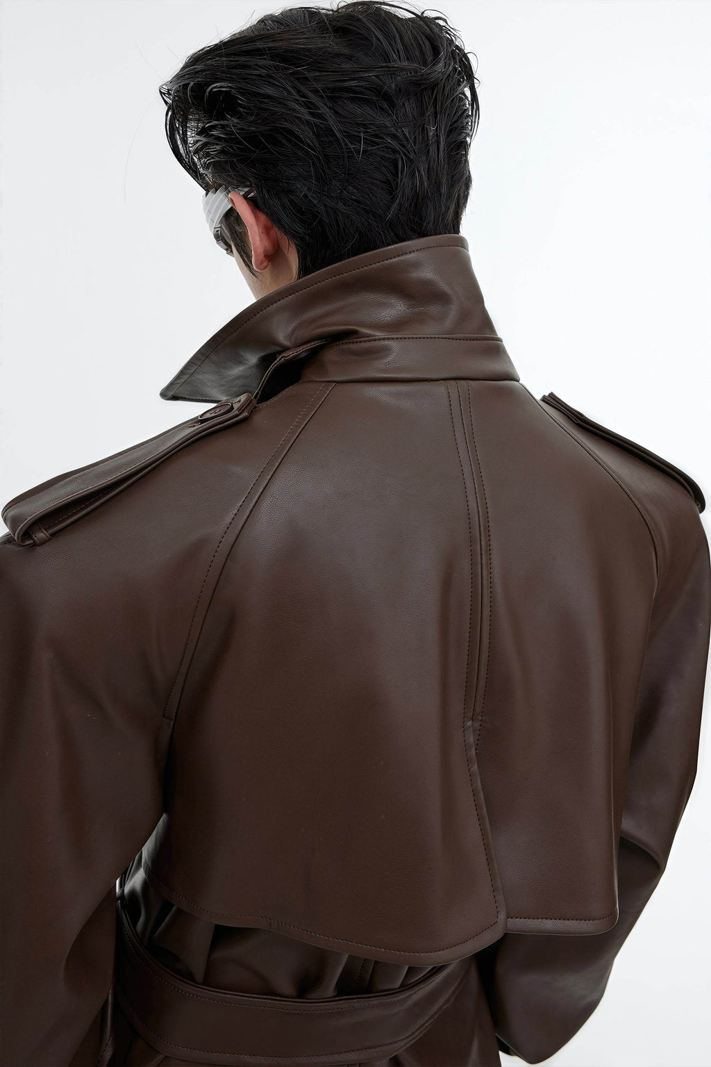 Structured PU Leather Coat - Oversized Trench with Shoulder Pads - URBANPICK FASHION