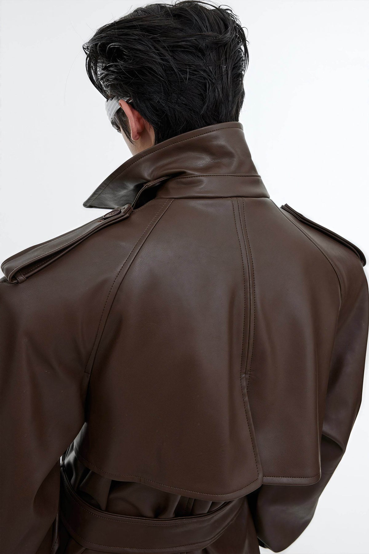 Structured PU Leather Coat - Oversized Trench with Shoulder Pads - URBANPICK FASHION