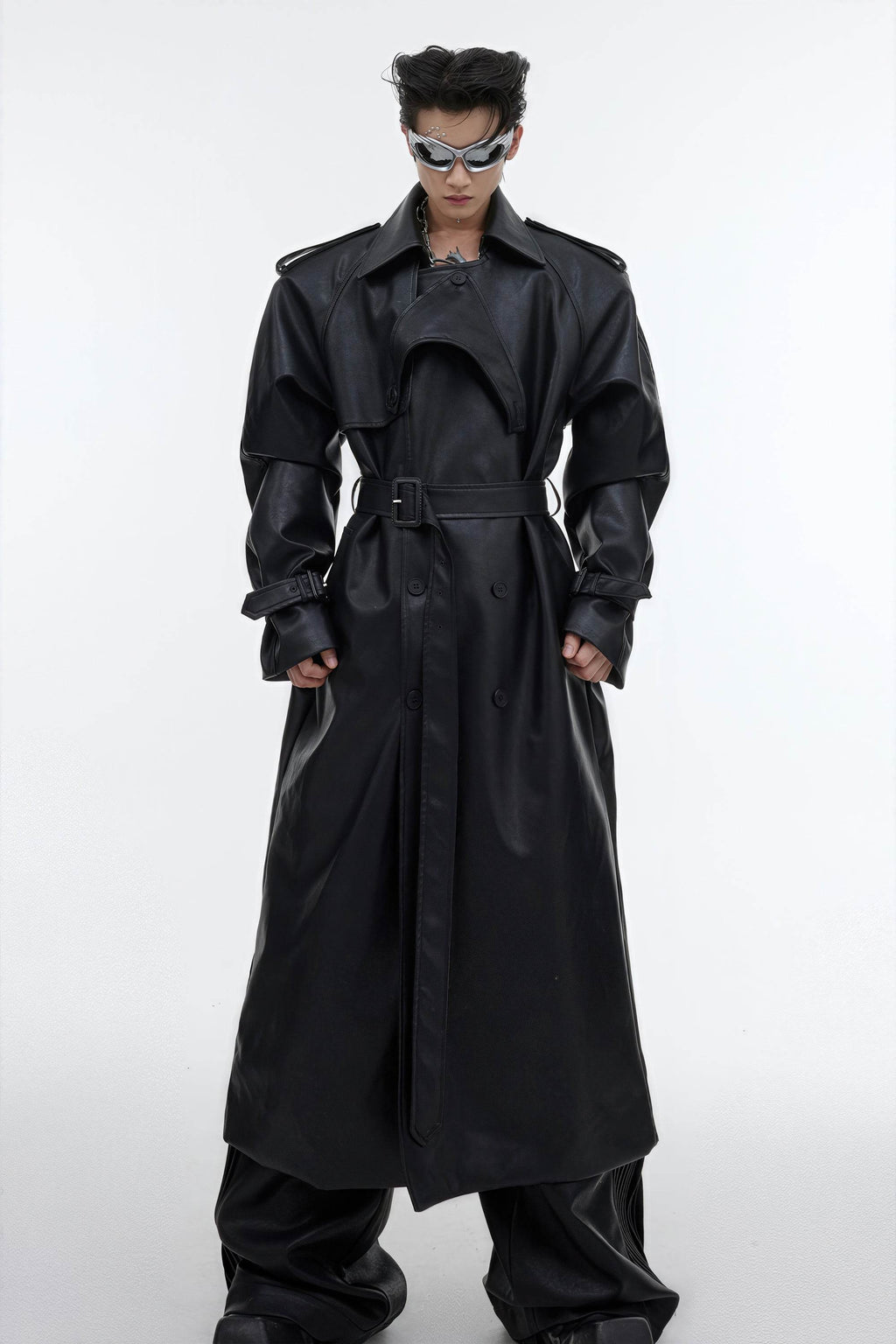 Structured PU Leather Coat - Oversized Trench with Shoulder Pads - URBANPICK FASHION