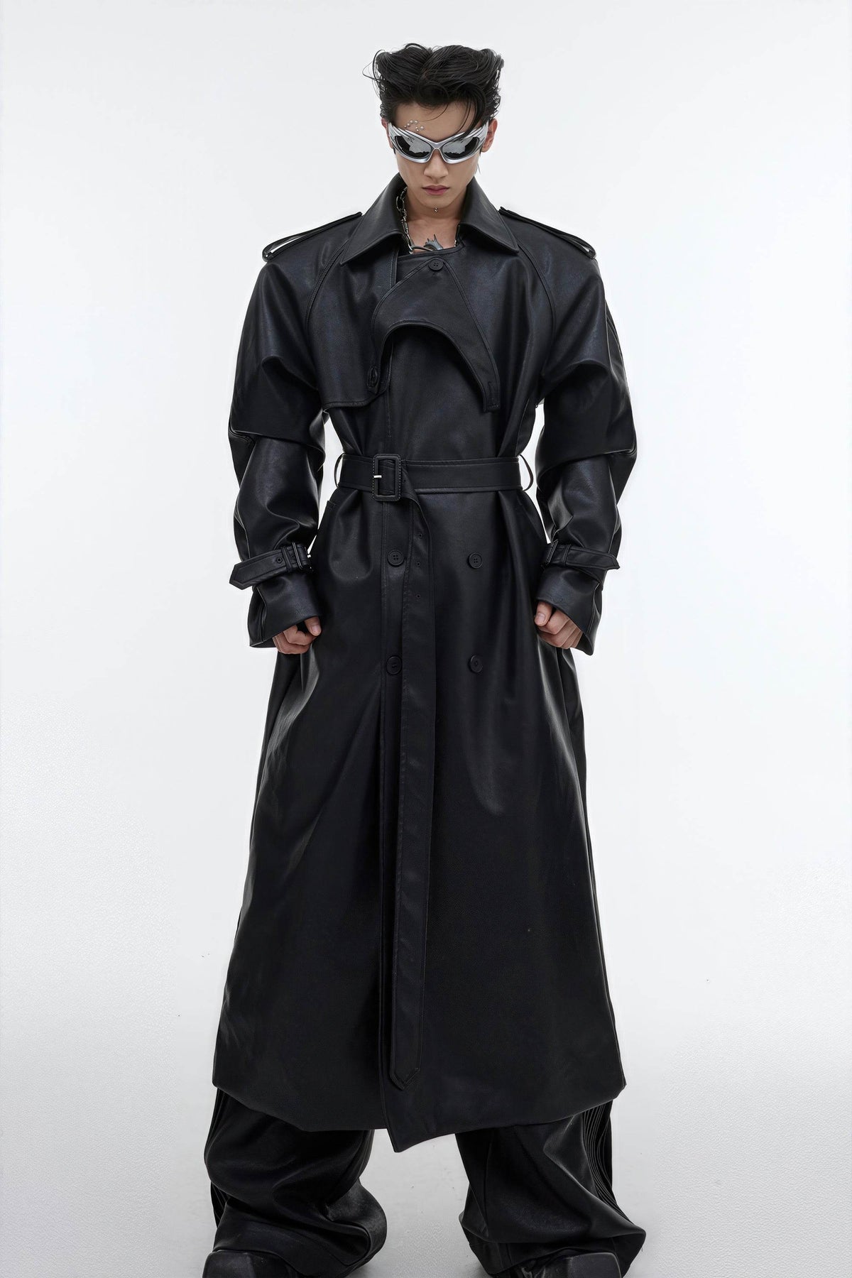 Structured PU Leather Coat - Oversized Trench with Shoulder Pads - URBANPICK FASHION