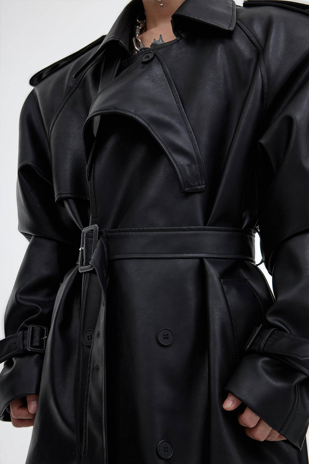 Structured PU Leather Coat - Oversized Trench with Shoulder Pads - URBANPICK FASHION