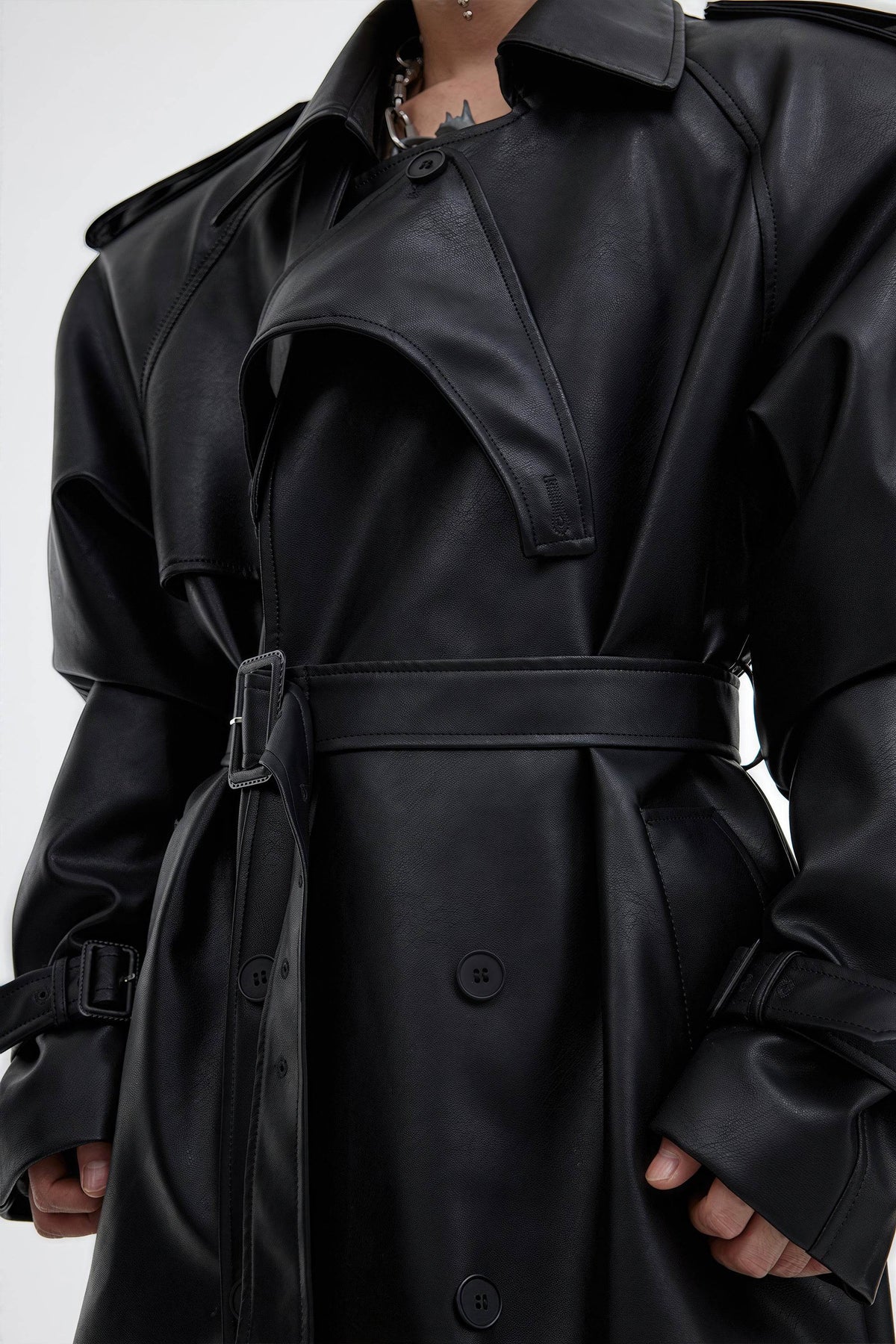Structured PU Leather Coat - Oversized Trench with Shoulder Pads - URBANPICK FASHION