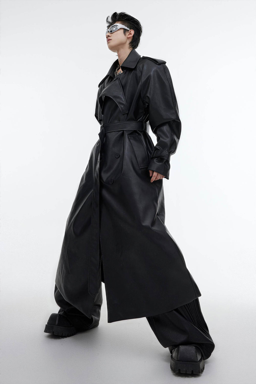 Structured PU Leather Coat - Oversized Trench with Shoulder Pads - URBANPICK FASHION