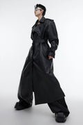 Structured PU Leather Coat - Oversized Trench with Shoulder Pads - URBANPICK FASHION