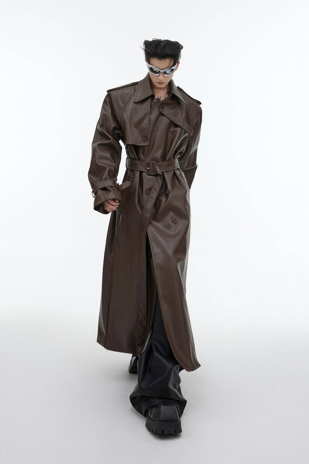 Structured PU Leather Coat - Oversized Trench with Shoulder Pads - URBANPICK FASHION