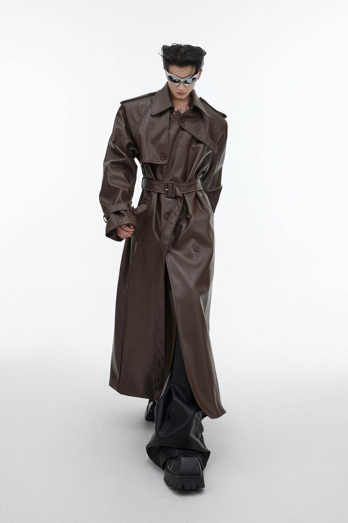 Structured PU Leather Coat - Oversized Trench with Shoulder Pads - URBANPICK FASHION