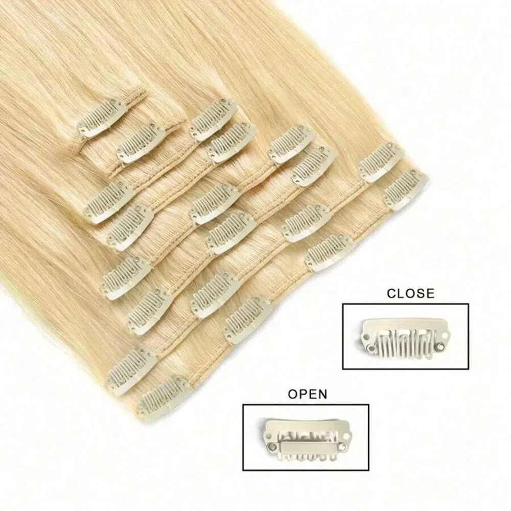 Blonde #613 Clip-In Human Hair Extensions (8 pcs, Double Weft)