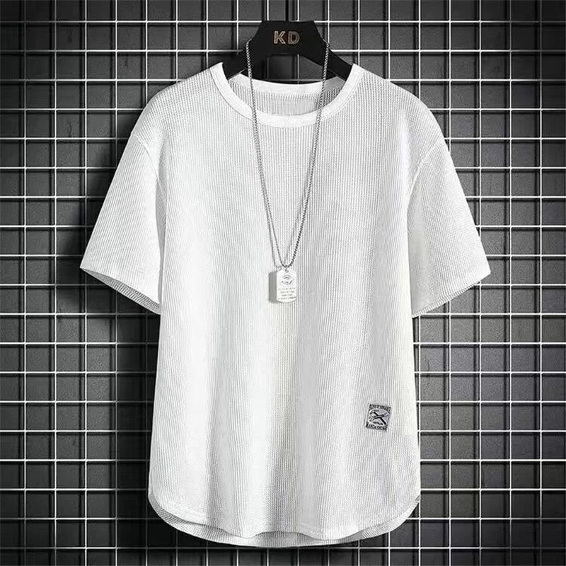 Men's Summer Trendy Simple Casual Short Sleeve T-shirts Y2K Harajuku Streetwear Appliques Tees Black White Round Neck Loose Tops - URBANPICK FASHION