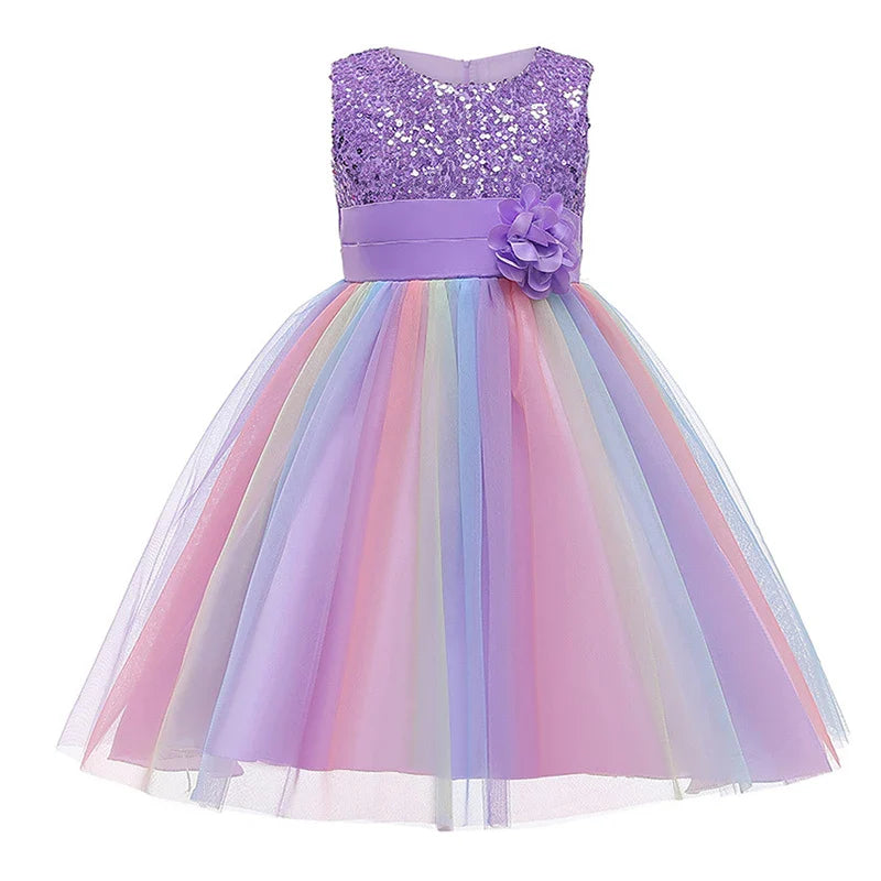Sequins Girls Dress Summer Flower Fashion Rainbow Mesh Little Princess Dresses - URBANPICK FASHION