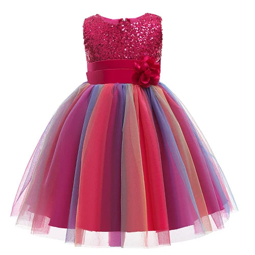 Sequins Girls Dress Summer Flower Fashion Rainbow Mesh Little Princess Dresses - URBANPICK FASHION